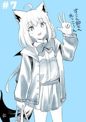 Rule 34 | 1girl, ahoge, animal ears, arm up, bag, blue background, blush, bow, bowtie, collared shirt, commentary request, earrings, extra ears, fox ears, fox girl, fox tail, hair between eyes, holding, holding bag, hololive, jacket, jewelry, kurose kousuke, long hair, looking at viewer, monochrome, open clothes, open jacket, open mouth, pentagram, pleated skirt, shirakami fubuki, shirt, sidelocks, simple background, skirt, solo, spot color, tail, translation request, v, virtual youtuber