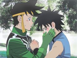 Rule 34 | 2boys, black hair, cross scar, crying, crying with eyes open, dai (dragon quest), dragon quest, dragon quest dai no daibouken, gloves, green gloves, headband, highres, male focus, multiple boys, nori (norimakigumo), open mouth, pop (dragon quest dai no daibouken), scar, spiked hair, tears