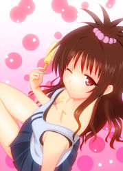 Rule 34 | 1girl, blush, breasts, brown hair, cleavage, downblouse, food, food on body, food on breasts, from above, hair ornament, hisukoha-kei, long hair, looking at viewer, one eye closed, red eyes, solo, to love-ru, wink, yuuki mikan
