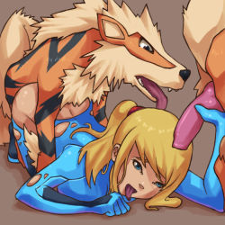 Rule 34 | 1girl, animal penis, arcanine, bestiality, blonde hair, blue eyes, creatures (company), doggystyle, game freak, gen 1 pokemon, group sex, handjob, knotted penis, metroid, nintendo, open mouth, penis, pokemon, pokemon (creature), ponytail, samus aran, selty, sex, sex from behind, tongue, tongue out, torn clothes, zero suit
