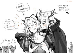 Rule 34 | 1boy, 3girls, alina (arknights), antlers, arknights, blue eyes, blush, bow, closed eyes, collarbone, deer antlers, deer girl, dragon horns, dress, english text, fang, fang out, frostnova (arknights), ghost costume, greyscale, hair between eyes, hair bow, hair intakes, hands up, horns, long hair, monochrome, multiple girls, object through head, patriot (arknights), puffy short sleeves, puffy sleeves, reunion soldier (arknights), screw in head, short hair, short sleeves, silverxp, simple background, smile, speech bubble, spot color, sweatdrop, talulah (arknights), u u, vampire costume, white background, yuri