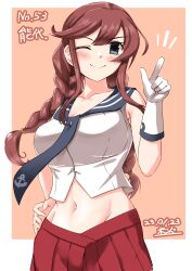 Rule 34 | 1girl, absurdres, anchor symbol, black necktie, black sailor collar, braid, breasts, brown hair, character name, commentary request, gloves, green eyes, highres, index finger raised, kantai collection, large breasts, looking at viewer, midriff, navel, necktie, noshiro (kancolle), one-hour drawing challenge, one eye closed, orange background, pleated skirt, sailor collar, school uniform, serafuku, skirt, solo, swept bangs, twin braids, watashitachino kareshi, white gloves