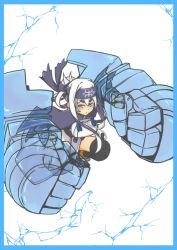 Rule 34 | 10s, 1girl, ainu clothes, black thighhighs, blue border, blue eyes, boots, border, chain, clenched hands, crackling energy, energy fist, headband, highres, kamoi (kancolle), kantai collection, leg wrap, long hair, looking at viewer, macbail, shaman king, simple background, solo, tabard, tassel, thighhighs, white background, white hair, wrist guards