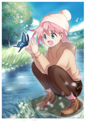 Rule 34 | 1girl, blue eyes, boots, bug, butterfly, cloud, day, dot nose, female focus, flower, full body, hat, highres, hood, hoodie, insect, kagamihara nadeshiko, kogelechat, long hair, mountain, open mouth, outdoors, pantyhose, pink hair, pink socks, scenery, skirt, sky, socks, solo, tree, water, yurucamp