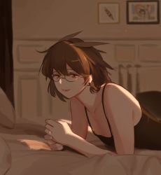 Rule 34 | 1girl, ajiajia1104, arknights, black shirt, breasts, brown eyes, brown hair, chinese commentary, collarbone, ear piercing, feather hair, feathers, glasses, implied yuri, indoors, looking at viewer, lying, on bed, open mouth, picture frame, piercing, saria (arknights), shirt, short hair, silence (arknights), small breasts, solo, tank top, upper body