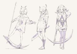 Rule 34 | 3girls, arms behind back, bandages, blush, closed mouth, curled horns, demon girl, demon horns, closed eyes, eyes visible through hair, grey background, greyscale, hatching (texture), highres, holding, holding scythe, holding sword, holding weapon, hood, hood down, hoodie, horns, long hair, monochrome, multiple girls, original, popman3580, scythe, short hair, simple background, skull print, sleeves past wrists, sleeves rolled up, smile, standing, sword, thighhighs, twintails, weapon