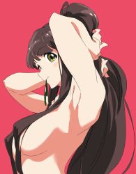 Rule 34 | 10s, 1girl, armpits, arms behind head, black hair, breasts, convenient censoring, from side, green eyes, hair censor, hair over breasts, kondou mai, large breasts, long hair, mouth hold, nude, red background, smile, solo, tying hair, umanosuke, upper body, very long hair, wake up girls!