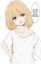 Rule 34 | &gt;:o, 1girl, :o, blonde hair, brown eyes, collarbone, commentary request, cowboy shot, flat chest, futaba anzu, hair tie, hands on own hips, hard-translated, idolmaster, idolmaster cinderella girls, long hair, looking at viewer, low twintails, off shoulder, open mouth, oversized clothes, ratsuku kinoko, shirt, short sleeves, simple background, solo, speech bubble, standing, t-shirt, third-party edit, translated, twintails, v-shaped eyebrows, white background, white shirt