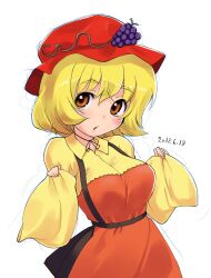 Rule 34 | 1girl, :o, aki minoriko, apron, black skirt, blonde hair, blush, breasts, collared shirt, commentary request, cowboy shot, dated, grape hat ornament, hair between eyes, hat, highres, kei jiei, large breasts, looking at viewer, mob cap, one-hour drawing challenge, open mouth, orange apron, red hat, shirt, short hair, simple background, skirt, solo, touhou, white background, wide sleeves, yellow shirt