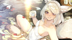 Rule 34 | absurdres, alcohol, animal ear fluff, animal ears, blush, braid, breasts, cat ears, cat tail, cup, facial mark, final fantasy, final fantasy xiv, full-face blush, grey hair, hide (hideout), highres, holding, holding cup, looking at viewer, medium breasts, miqo&#039;te, naked towel, onsen, partially submerged, petals, purple eyes, short hair, sitting, smile, sunset, tail, towel, warrior of light (ff14), water, whisker markings