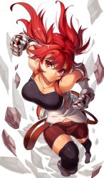 Rule 34 | 1girl, bad id, bad pixiv id, black thighhighs, breasts, crop top, gauntlets, gloves, looking at viewer, original, pout, red eyes, red hair, scottie (phantom2), shorts, solo, thighhighs, twintails