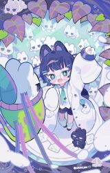 Rule 34 | 1girl, :d, animal ears, aqua necktie, arm up, blue eyes, cat ears, cat girl, chibi, coat, cocoon, cotono (nazekun), encasement, fang, foliage, forest, from above, glasses, green pupils, highres, lab coat, leaf, loose socks, nature, necktie, open mouth, original, poison, rabbit, round eyewear, scientist, skull and crossbones, sleeves past fingers, sleeves past wrists, smile, socks, sparkling eyes, white coat