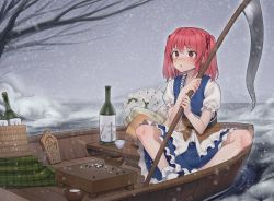 Rule 34 | 1girl, :o, blue kimono, blush, boat, bottle, bouquet, bowl, brown sash, choko (cup), coin, coin on string, commentary request, cup, flower, frilled sleeves, frills, goback, grey sky, hair bobbles, hair ornament, highres, holding, holding scythe, japanese clothes, kimono, knees, korean commentary, medium hair, obi, okobo, onozuka komachi, open mouth, plaid shawl, puffy short sleeves, puffy sleeves, red eyes, red hair, ripples, rod of remorse, rose, sandals, sash, scythe, shawl, shinigami, short kimono, short sleeves, sitting, sky, snowing, socks, solo, tongue, touhou, tree, two side up, waiting, water, watercraft, white flower, white rose, white socks, wine bottle, winter