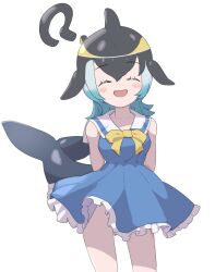 Rule 34 | 1girl, black hair, blue dress, blue hair, bow, bowtie, cetacean tail, common dolphin (kemono friends), dolphin girl, dress, fins, fish tail, head fins, highres, kemono friends, kunikuni (kunihiro2005), long hair, looking at viewer, multicolored hair, sailor collar, sailor dress, simple background, skirt, smile, solo, tail, two-tone hair, yellow bow, yellow bowtie