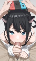 Rule 34 | 1boy, 1girl, animal ear fluff, animal ears, black hair, blue eyes, cat ears, cat girl, cat tail, censored, commentary request, erection, fellatio, fingernails, grey background, hetero, highres, joy-con, kaminari doon, long fingernails, long hair, long sleeves, looking at viewer, looking up, mosaic censoring, multitasking, off-shoulder sweater, off shoulder, oral, original, penis, penis grab, pov, pov hands, revision, sleeves past wrists, solo focus, sweater, tail, white sweater