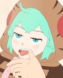 Rule 34 | 10s, animated, animated gif, aqua eyes, aqua hair, blush stickers, easymc2, fangs, finger in another&#039;s mouth, forked tongue, hood, hoodie, kemono friends, open mouth, saliva, starpeace, striped clothes, striped hoodie, tongue, tsuchinoko (kemono friends)