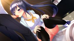 Rule 34 | 1boy, 1girl, black thighhighs, blue hair, bracelet, breasts, censored, dutch angle, embarrassed, frilled sleeves, frills, game cg, goshujin-sama maidfuku o nugasanaide., hands on own knees, highres, imminent fellatio, indoors, jewelry, kakao (chocolate land), kurosaki rika, long hair, looking at penis, looking away, mosaic censoring, neckerchief, open mouth, pants, pee, peeing, penis, ponytail, purple eyes, pussy, shirt, shoes, solo focus, squat toilet, squatting, standing, sweat, thighhighs, toilet paper, toilet use, very long hair, white footwear, white shirt