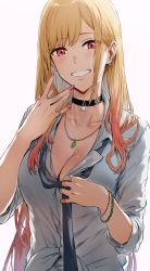 Rule 34 | 1girl, bare shoulders, bead bracelet, beads, blonde hair, blush, bracelet, breasts, choker, cleavage, collarbone, collared shirt, dress shirt, earrings, gradient hair, grin, hews, highres, jewelry, kitagawa marin, large breasts, long hair, long sleeves, looking at viewer, multicolored hair, necklace, necktie, pendant, red eyes, shirt, smile, solo, sono bisque doll wa koi wo suru, swept bangs, white shirt