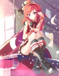 Rule 34 | 10s, 1girl, 41y (yooichiwai), bad id, bad pixiv id, boots, cross-laced footwear, hat, highres, instrument, long sleeves, looking at viewer, love live!, love live! school idol festival, love live! school idol project, mini hat, mini top hat, nishikino maki, piano, purple eyes, red hair, sitting, solo, top hat, wedtaro