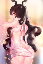 Rule 34 | 1girl, ass, bad id, bad pixiv id, black joa, blurry, blush, breasts, brown eyes, brown hair, cowboy shot, depth of field, from behind, hair over shoulder, highres, lens flare, light particles, long hair, medium breasts, meme attire, original, parted lips, pink sweater, profile, sideways mouth, solo, sweatdrop, sweater, turtleneck, turtleneck sweater, virgin killer sweater