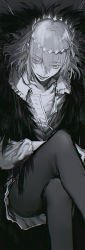 Rule 34 | 1boy, absurdres, au (d elete), cape, collarbone, collared shirt, crossed legs, crown, diamond hairband, evil smile, fate/grand order, fate (series), fur-trimmed cape, fur trim, greyscale, highres, long hair, long sleeves, looking at viewer, male focus, monochrome, oberon (fate), oberon (third ascension) (fate), shirt, smile, solo, spoilers