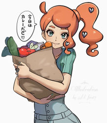Rule 34 | 1girl, apple, applin, bag, buttons, car keys, closed mouth, commentary request, creatures (company), echizen (n fns17), food, fruit, game freak, gen 8 pokemon, green eyes, green nails, green shirt, hair ornament, heart, heart hair ornament, highres, holding, long hair, looking at viewer, nail polish, nintendo, orange hair, pants, paper bag, pokemon, pokemon (creature), pokemon swsh, ribbed shirt, shirt, side ponytail, smile, sonia (pokemon), speech bubble, translation request