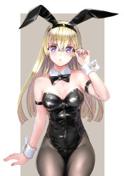 Rule 34 | 1girl, animal ears, armband, black bow, black bowtie, black leotard, black pantyhose, blonde hair, bow, bowtie, breasts, cleavage, commentary, detached collar, fake animal ears, grey background, hair between eyes, katahira masashi, leotard, long hair, medium breasts, original, pantyhose, playboy bunny, purple eyes, rabbit ears, sitting, solo, strapless, strapless leotard, symbol-only commentary, two-tone background, white background, wrist cuffs