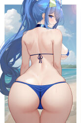 Rule 34 | 1girl, absurdres, ass, azur lane, back, bare shoulders, beach, bikini, blue bikini, blue eyes, blue hair, blush, breasts, butt crack, cameltoe, choker, from behind, high ponytail, highres, huge ass, large breasts, long hair, looking at viewer, looking back, musicatopos, new jersey (azur lane), new jersey (midsummer leisure) (azur lane), ocean, official alternate costume, outdoors, ponytail, solo, swimsuit, thigh gap, thighs, very long hair