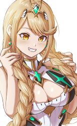Rule 34 | absurdres, alternate hairstyle, blonde hair, breasts, cleavage, earrings, highres, jewelry, kenichiart, large breasts, mythra (xenoblade), simple background, solo, white background, xenoblade chronicles (series), xenoblade chronicles 2, yellow eyes