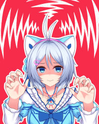 Rule 34 | .live, 1girl, animal ears, antenna hair, blue shirt, cat ears, cat hair ornament, claw pose, closed mouth, collarbone, etan14, fingernails, grey hair, hair between eyes, hair ornament, hands up, highres, layered sleeves, long sleeves, looking at viewer, outline, parted bangs, puffy short sleeves, puffy sleeves, red background, shaded face, shirt, short over long sleeves, short sleeves, dennou shoujo siro, smile, solo, translation request, two-tone background, virtual youtuber, white background, white outline