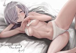 Rule 34 | 1girl, absurdres, antenna hair, arm behind head, armpits, artist name, bed sheet, breasts, commentary, commission, commissioner name, english commentary, feet out of frame, grey eyes, grey hair, hair over one eye, half-closed eye, highres, knee up, long bangs, looking at viewer, lying, medium breasts, mole, mole under mouth, navel, nenita, on side, one eye covered, original, panties, second-party source, short hair, skeb commission, solo, sports bra, stomach, thank you, underboob, underwear, underwear only, white panties, white sports bra