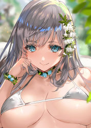 Rule 34 | 1girl, aqua eyes, bare shoulders, bikini, bracelet, breasts, breasts apart, choker, closed mouth, collarbone, commentary request, covered erect nipples, day, eyelashes, flower, hair between eyes, hair flower, hair ornament, halterneck, hand to own mouth, hand up, highres, jewelry, large breasts, leaf, long hair, looking at viewer, medium breasts, micro bikini, original, outdoors, ran&#039;ou (tamago no kimi), sidelocks, silver bikini, silver hair, skindentation, smile, solo, strap gap, string bikini, swimsuit, tree, underboob, upper body
