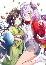 Rule 34 | 2girls, :o, acorn, asymmetrical docking, black hair, blouse, breast press, breasts, clenched teeth, cover, cover page, dolphin shorts, flower knot, grey shorts, hair between eyes, highres, horns, inko (succubus to neet), jacket, japanese clothes, kimono, long hair, long sleeves, medium breasts, multiple girls, nekoyashiki pushio, novel cover, obi, open clothes, open jacket, pink eyes, pointy ears, purple eyes, purple hair, red jacket, sash, shirt, shorts, simple background, small breasts, smile, socks, succubus to neet, teeth, v, white background, white legwear, white shirt