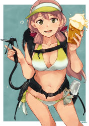 Rule 34 | 1girl, akashi (kancolle), alcohol, backpack, bad id, bad pixiv id, bag, banned artist, beer, bikini, blunt tresses, border, breasts, cleavage, collarbone, commentary request, cowboy shot, cup, glass, gradient bikini, green eyes, hair ribbon, holding, holding cup, kantai collection, leaning forward, long hair, looking at viewer, makio (makiomeigenbot), medium breasts, navel, nozzle, open mouth, pink hair, ribbon, side-tie bikini bottom, smile, solo, swimsuit, tress ribbon, visor cap, white border