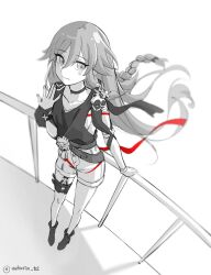 Rule 34 | 1girl, artist name, belt, black choker, black shirt, breasts, chinese clothes, choker, clothing cutout, dragon print, fu hua, fu hua (night squire), fu hua (rustic noir), full body, greyscale, hair between eyes, highres, honkai (series), honkai impact 3rd, light smile, long hair, looking at viewer, low-cut armhole, monochrome, multiple belts, official alternate costume, red rope, rope, shirt, shoes, shorts, side cutout, simple background, sleeveless, sleeveless shirt, small breasts, solo, thighs, white background, white shorts, yuhuria 52