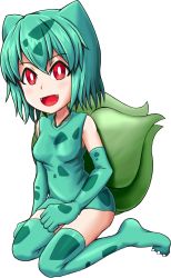 Rule 34 | 1girl, blush, breasts, bulbasaur, claws, collarbone, creatures (company), dress, elbow gloves, fangs, female focus, full body, game freak, gen 1 pokemon, gloves, green dress, green gloves, green hair, green thighhighs, happy, highres, kneeling, looking at viewer, nintendo, open mouth, personification, pokemon, red eyes, shiny clothes, short dress, short hair, shougun (chuckni1), simple background, sitting, skindentation, sleeveless, sleeveless dress, small breasts, smile, solo, thighhighs, white background, zettai ryouiki