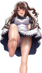 Rule 34 | 1girl, alternate costume, apron, apron lift, barefoot, blush, brown eyes, brown hair, cameltoe, clothes lift, collared dress, dress, dress lift, enmaided, feet, from below, idolmaster, idolmaster cinderella girls, lambda (kusowarota), leg up, lifting own clothes, long hair, looking at viewer, maid, open mouth, panties, pantyshot, pov, shimamura uzuki, side ponytail, simple background, skirt, skirt lift, soles, solo, standing, standing on one leg, teeth, toes, underwear, upper teeth only, very long hair, wavy hair, white background