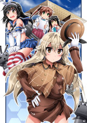 Rule 34 | &gt; &lt;, 4girls, :&lt;, akigumo (kancolle), alternate costume, anchor hair ornament, bare shoulders, black hair, blonde hair, blue skirt, blush, brown eyes, capelet, closed eyes, cosplay, crop top, detective, elbow gloves, fang, fedora, fubuki (kancolle), gloves, hair ornament, hand on own hip, hat, kantai collection, long hair, midriff, multicolored hair, multiple girls, naganami (kancolle), neckerchief, open mouth, pleated skirt, ponytail, rensouhou-chan, sailor collar, school uniform, shimakaze (kancolle), shimakaze (kancolle) (cosplay), skirt, striped clothes, striped legwear, striped thighhighs, thighhighs, tokyo big sight, train 90, two-tone hair, wavy mouth, white gloves