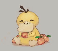 Rule 34 | animal focus, bird, blush, closed eyes, commentary, creatures (company), duck, facing viewer, food, fruit, game freak, gen 1 pokemon, grey background, holding, holding food, holding fruit, leaf, nintendo, nose blush, pokemon, psuede, psyduck, sitting