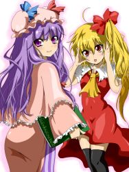 Rule 34 | 2girls, :p, blonde hair, book, female focus, flandre scarlet, mataro (matarou), multiple girls, patchouli knowledge, purple eyes, purple hair, side ponytail, embodiment of scarlet devil, thighhighs, tongue, tongue out, touhou