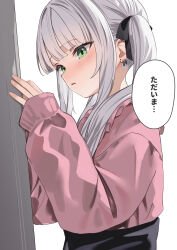 Rule 34 | 1girl, absurdres, blush, earrings, green eyes, highres, jewelry, long hair, long sleeves, micchamu, original, pink shirt, shirt, solo, thought bubble, upper body, white background, white hair