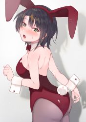 Rule 34 | 1girl, absurdres, animal ears, ass, back, bare shoulders, black hair, blue eyes, blush, bow, bowtie, breasts, cowboy shot, detached collar, fake animal ears, from behind, grey background, highres, hololive, leotard, looking at viewer, looking back, medium breasts, oozora subaru, open mouth, pantyhose, playboy bunny, rabbit ears, rabbit tail, red leotard, short hair, simple background, solo, sweat, tail, tonarikeru, virtual youtuber, wrist cuffs