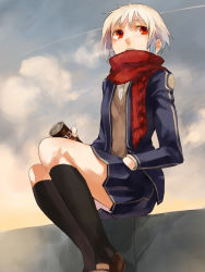 Rule 34 | 1girl, amanohana, bad id, bad pixiv id, blonde hair, can, cloud, day, highres, jacket, red eyes, red scarf, scarf, skirt, sky, solo