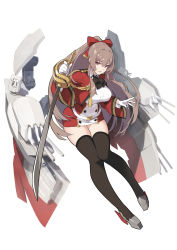 Rule 34 | 1girl, ascot, azur lane, black ascot, black thighhighs, bow, breasts, brown hair, buttons, collared shirt, commentary, cropped jacket, double-breasted, full body, gloves, hair between eyes, hair bow, highres, holding, holding sword, holding weapon, jacket, kekemotsu, large breasts, long hair, looking at viewer, military, military uniform, miniskirt, open clothes, open jacket, open mouth, ponytail, red eyes, red jacket, red skirt, reverse grip, rigging, saber (weapon), shirt, simple background, skindentation, skirt, skirt set, solo, straight hair, swiftsure (azur lane), sword, thighhighs, turret, uniform, weapon, white background, white gloves, white shirt, wing collar