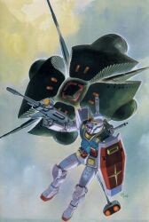 Rule 34 | 1980s (style), 2008, battle, beam rifle, character request, cloud, concept art, dated, energy gun, flying, gundam, mecha, mobile armor, mobile suit, mobile suit gundam, no humans, official art, oldschool, painting (medium), promotional art, retro artstyle, robot, rx-78-2, scan, science fiction, shield, signature, spacecraft, traditional media, v-fin, weapon, yasuhiko yoshikazu