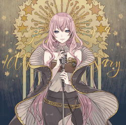 Rule 34 | 1girl, anniversary, bare shoulders, blue eyes, collar, commentary, dress, highres, holding, holding microphone, holding microphone stand, ixima, long hair, megurine luka, megurine luka (vocaloid4), microphone, microphone stand, nail polish, pink hair, shoulder tattoo, skirt, smile, solo, star (symbol), starry background, straight hair, strapless, strapless dress, tattoo, very long hair, vocaloid