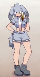 Rule 34 | 1girl, alternate costume, belt, boots, breast pocket, breasts, collared shirt, crop top, edano kiui, fingerless gloves, full body, gloves, grey footwear, grey gloves, grey hair, grey shirt, grey shorts, hand on own hip, highres, japari symbol, kemono friends, large breasts, looking at viewer, necktie, pocket, shirt, shoebill (kemono friends), short hair, short sleeves, shorts, solo, yellow eyes