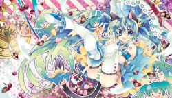 Rule 34 | 6+girls, :d, animal ears, armband, bad id, bad pixiv id, bare shoulders, blue eyes, blue hair, cat ears, cat tail, checkerboard cookie, cherry, chibi, clock, clone, cookie, crown, food, fruit, gears, hatsune miku, heart, high heels, kemonomimi mode, long hair, multiple girls, open mouth, panties, pointing, ribbon, sana.c, shoes, smile, star (symbol), striped clothes, striped panties, tail, thighhighs, twintails, umbrella, underwear, vocaloid