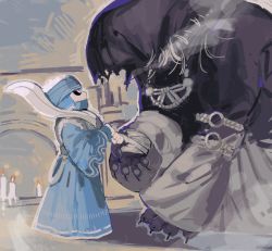 Rule 34 | 2boys, blue dress, candle, closed mouth, dress, elden ring, from side, furry, furry male, gurranq beast clergyman, highres, holding, holding sword, holding weapon, multiple boys, scimitar, standing, sword, tarnished (elden ring), turban, two-handed, warrior (elden ring), weapon, yashiki (gh0st 5010)