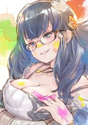Rule 34 | 1girl, black hair, blue eyes, breasts, cleavage, ear piercing, glasses, granblue fantasy, grin, illnott (granblue fantasy), large breasts, long hair, paint splatter, paint splatter on face, piercing, smile, solo, splatter background, tomamatto